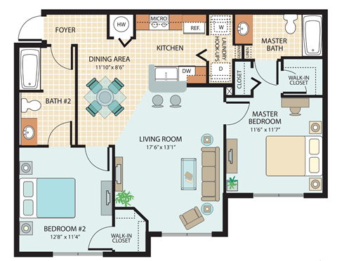 Two Bedroom Floor Plan at Timber Trace Affordable Apartments in Titusville, FL